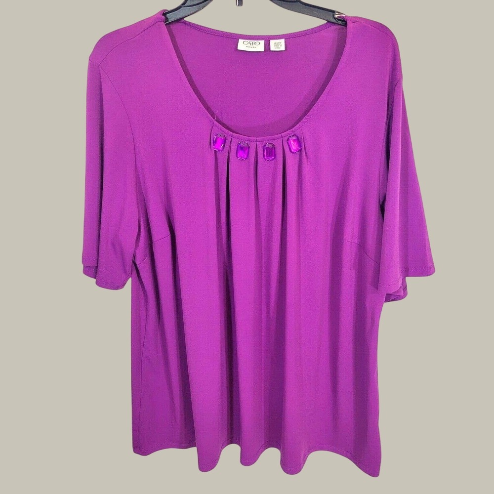Cato Woman Blouse Beaded Pleated Neckline Short Sleeve Knit Top Purple 18/20W